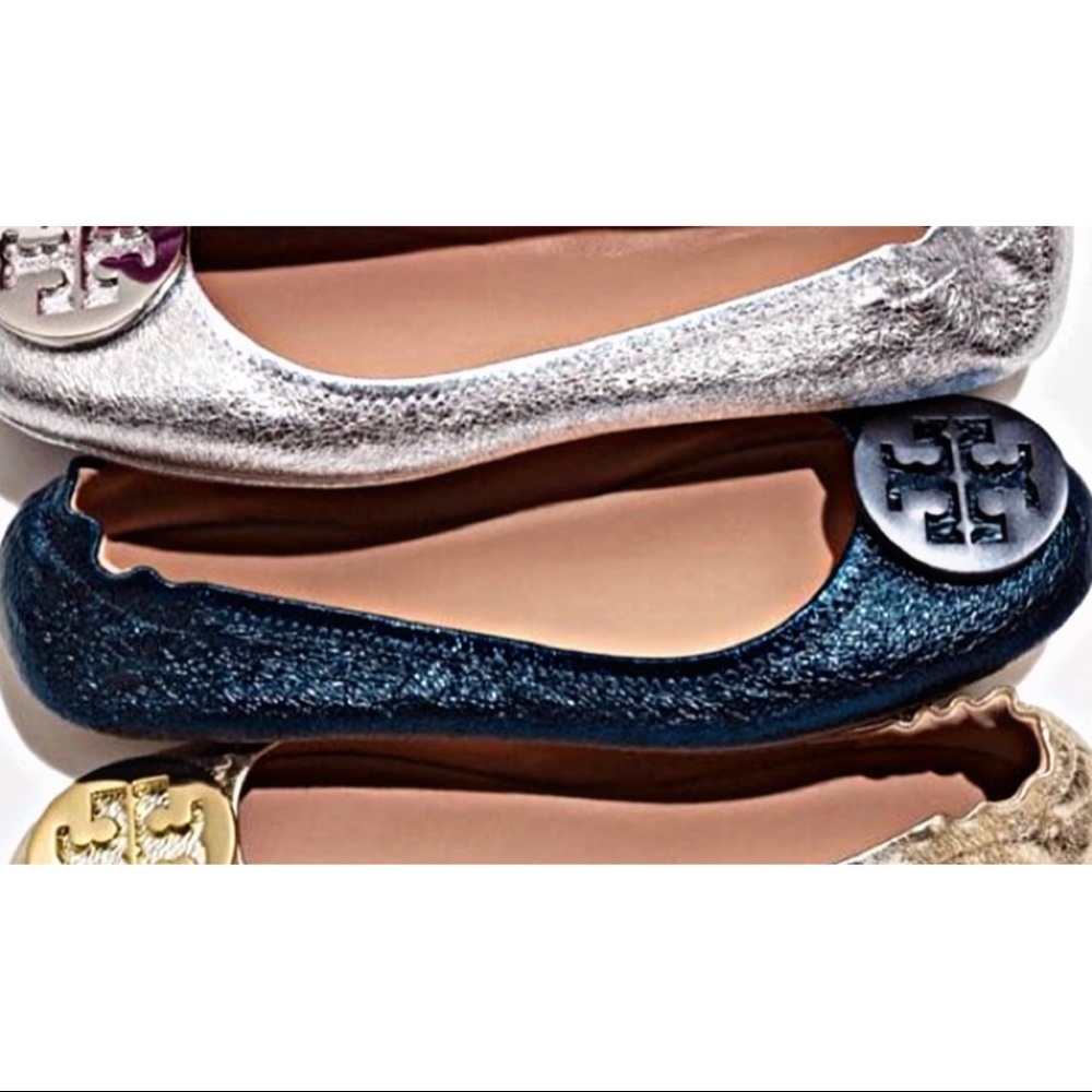 Tory Burch Minnie Travel Flat in Navy Glitter EUC 7